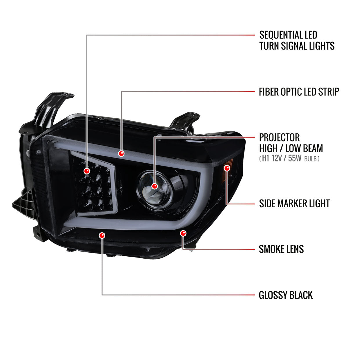 2014-2021 Toyota Tundra LED C-Bar Projector Headlights w/ Sequential Turn Signal Lights (Glossy Black Housing/Smoked Lens)