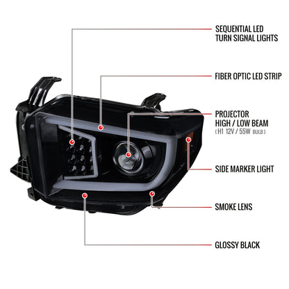 2014-2021 Toyota Tundra LED C-Bar Projector Headlights w/ Sequential Turn Signal Lights (Glossy Black Housing/Smoked Lens)