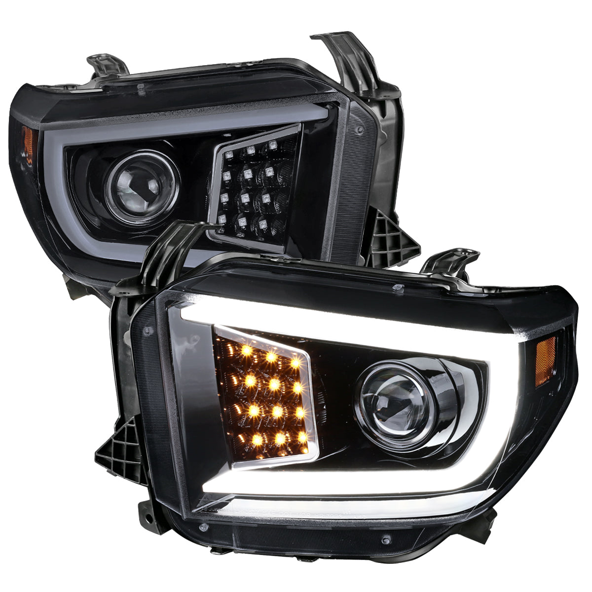 2014-2021 Toyota Tundra LED C-Bar Projector Headlights w/ Sequential Turn Signal Lights (Glossy Black Housing/Smoked Lens)