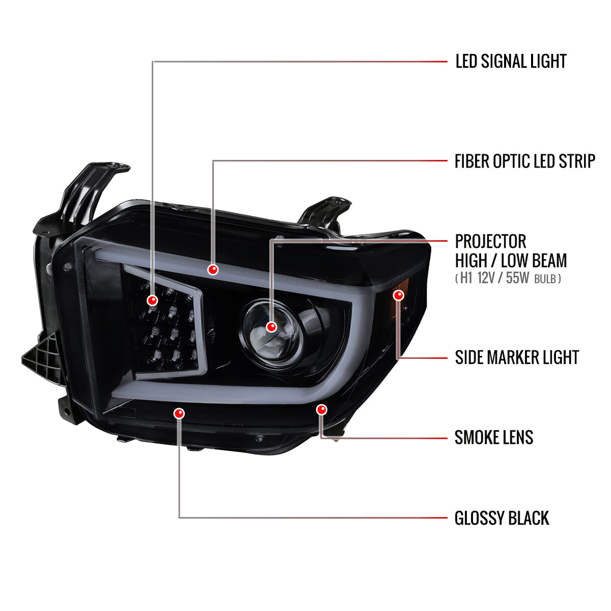 2014-2021 Toyota Tundra LED C-Bar Projector Headlights w/ LED Turn Signal Lights (Glossy Black Housing/Smoked Lens)