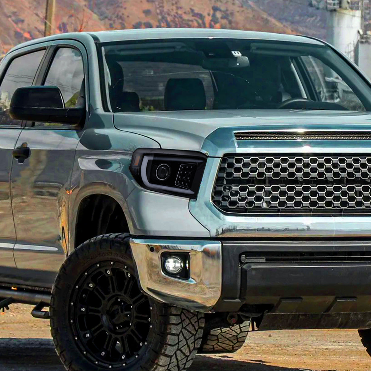 2014-2021 Toyota Tundra LED C-Bar Projector Headlights w/ LED Turn Signal Lights (Glossy Black Housing/Smoked Lens)