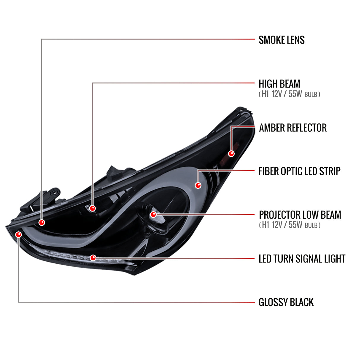 2012-2017 Hyundai Veloster LED Bar Projector Headlights w/ Sequential Turn Signal Lights (Glossy Black Housing/Smoked Lens)
