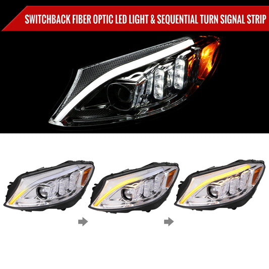 2015-2018 Mercedes-Benz C-Class W205 Switchback Sequential Turn Signal Projector Headlights (Chrome Housing/Clear Lens)