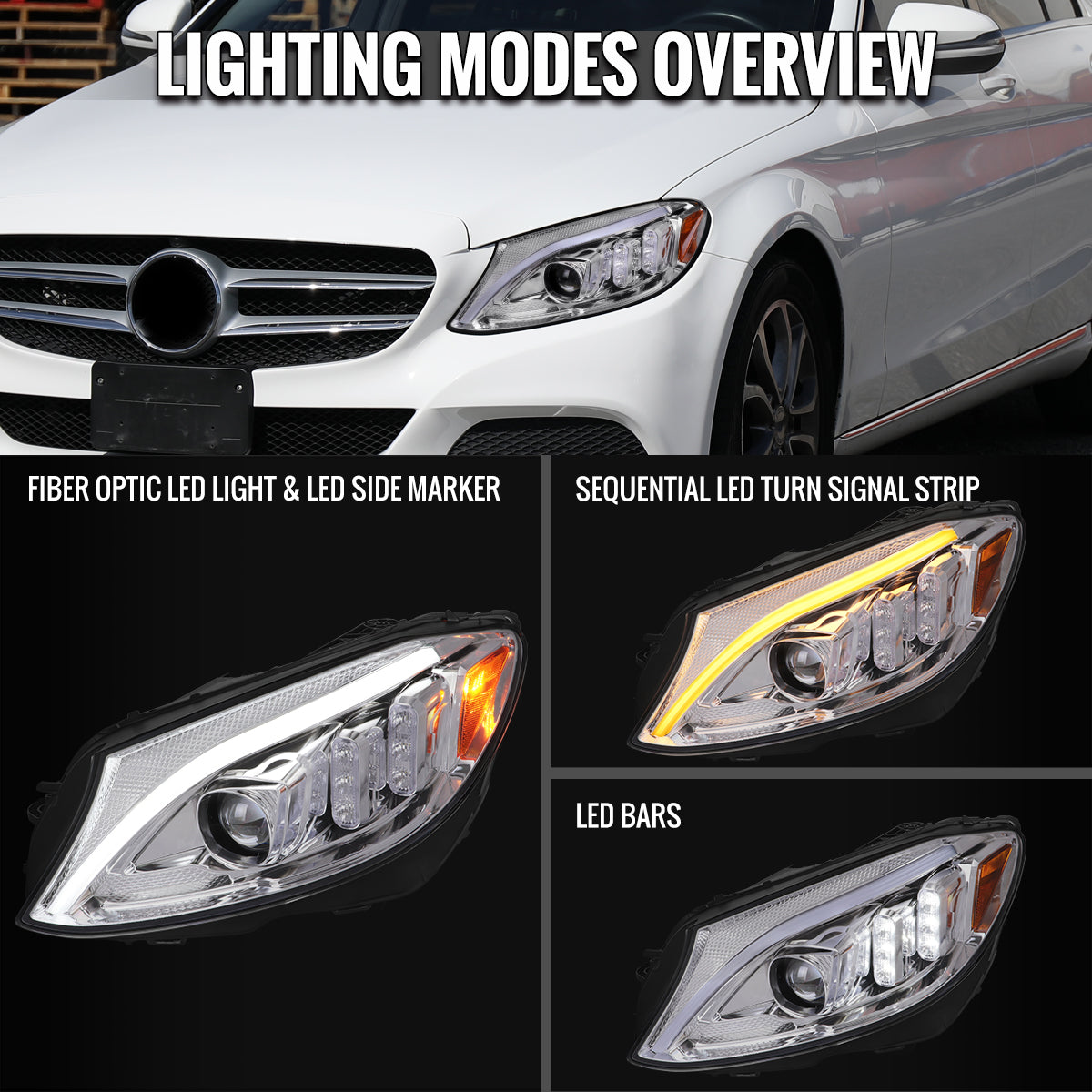 2015-2018 Mercedes-Benz C-Class W205 Switchback Sequential Turn Signal Projector Headlights (Chrome Housing/Clear Lens)