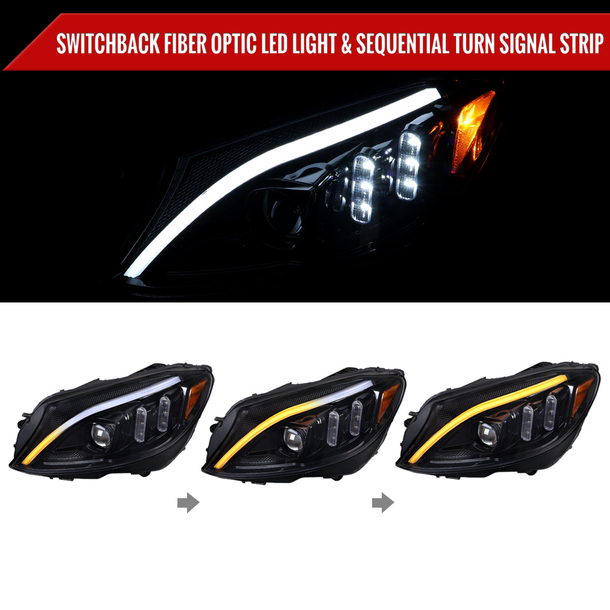 2015-2018 Mercedes-Benz C-Class W205 Switchback Sequential Turn Signal Projector Headlights (Jet Black Housing/Clear Lens)