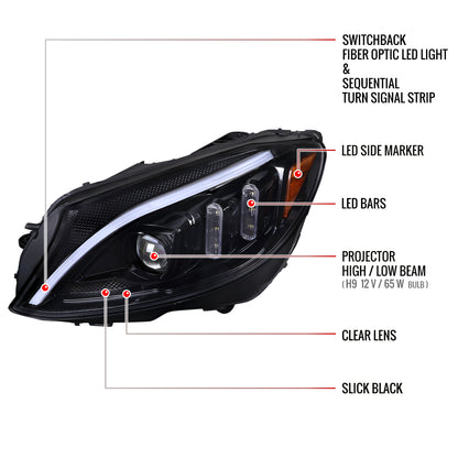2015-2018 Mercedes-Benz C-Class W205 Switchback Sequential Turn Signal Projector Headlights (Jet Black Housing/Clear Lens)