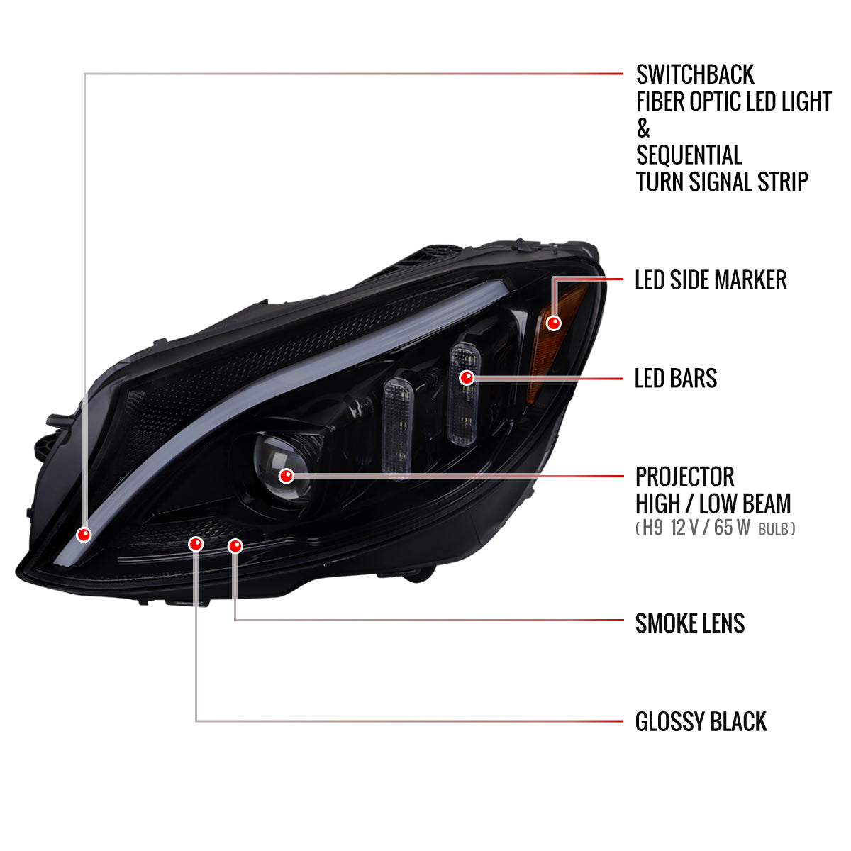 2015-2018 Mercedes-Benz C-Class W205 Switchback Sequential Turn Signal Projector Headlights (Glossy Black Housing/Light Smoked Lens)