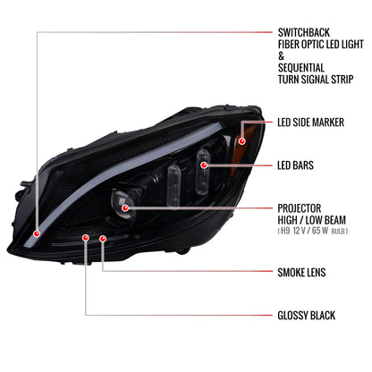 2015-2018 Mercedes-Benz C-Class W205 Switchback Sequential Turn Signal Projector Headlights (Glossy Black Housing/Light Smoked Lens)