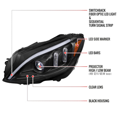 2015-2018 Mercedes-Benz C-Class W205 Switchback Sequential Turn Signal Projector Headlights (Matte Black Housing/Clear Lens)