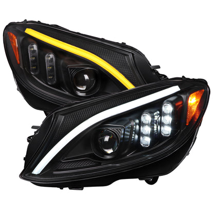 2015-2018 Mercedes-Benz C-Class W205 Switchback Sequential Turn Signal Projector Headlights (Matte Black Housing/Clear Lens)