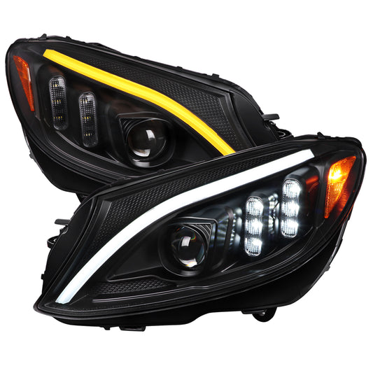2015-2018 Mercedes-Benz C-Class W205 Switchback Sequential Turn Signal Projector Headlights (Matte Black Housing/Clear Lens)