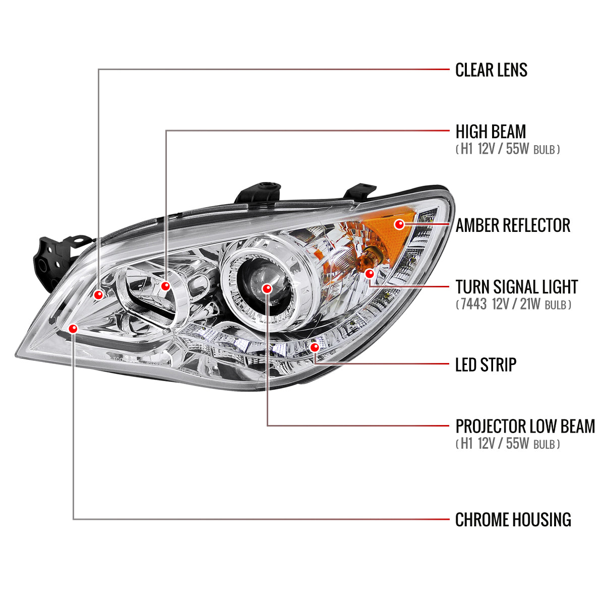 2006-2007 Subaru Impreza WRX/STI Projector Headlights w/ LED Light Strip (Chrome Housing/Clear Lens)