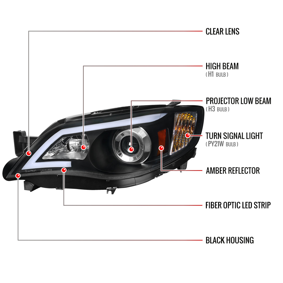 2008-2014 Subaru Impreza WRX / 2008-2011 Outback Sport LED Bar Projector Headlights (Matte Black Housing/Clear Lens)