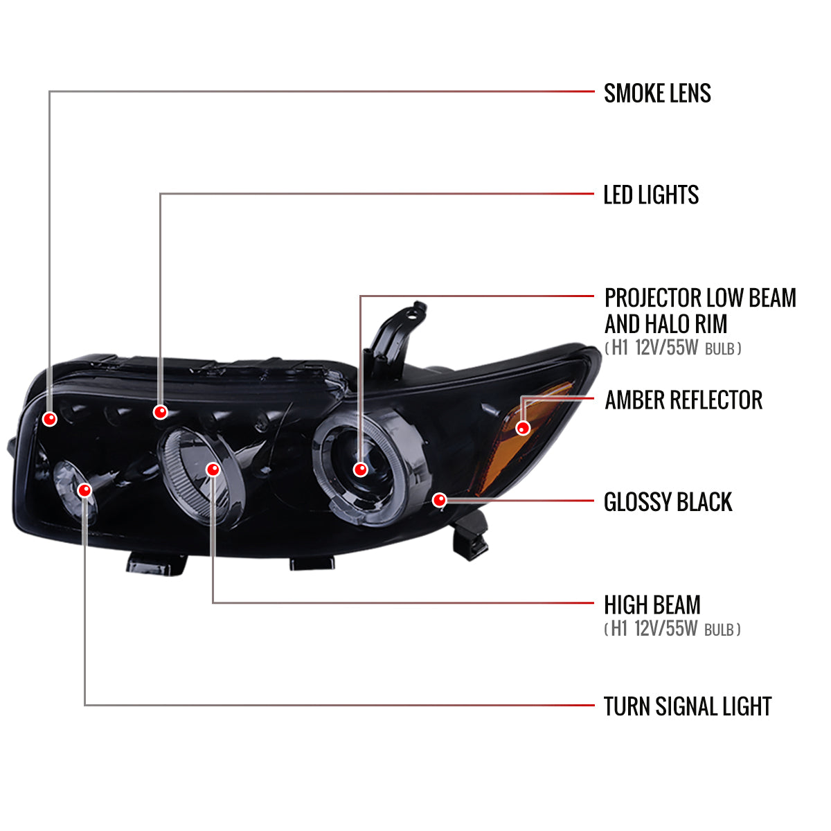 2008-2010 Scion xB Single Halo Projector Headlights (Glossy Black Housing/Smoked Lens)