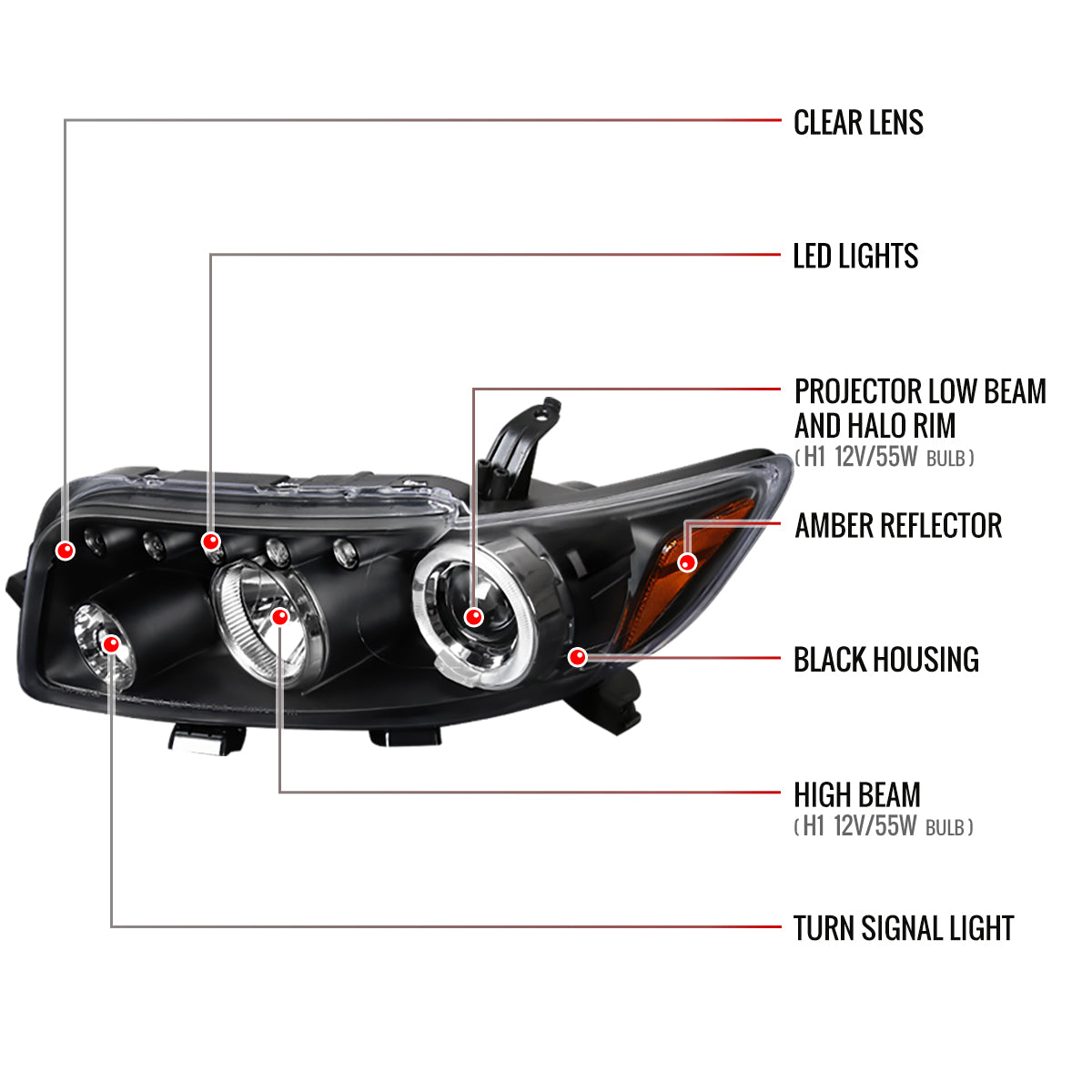 2008-2010 Scion xB Single Halo Projector Headlights (Matte Black Housing/Clear Lens)