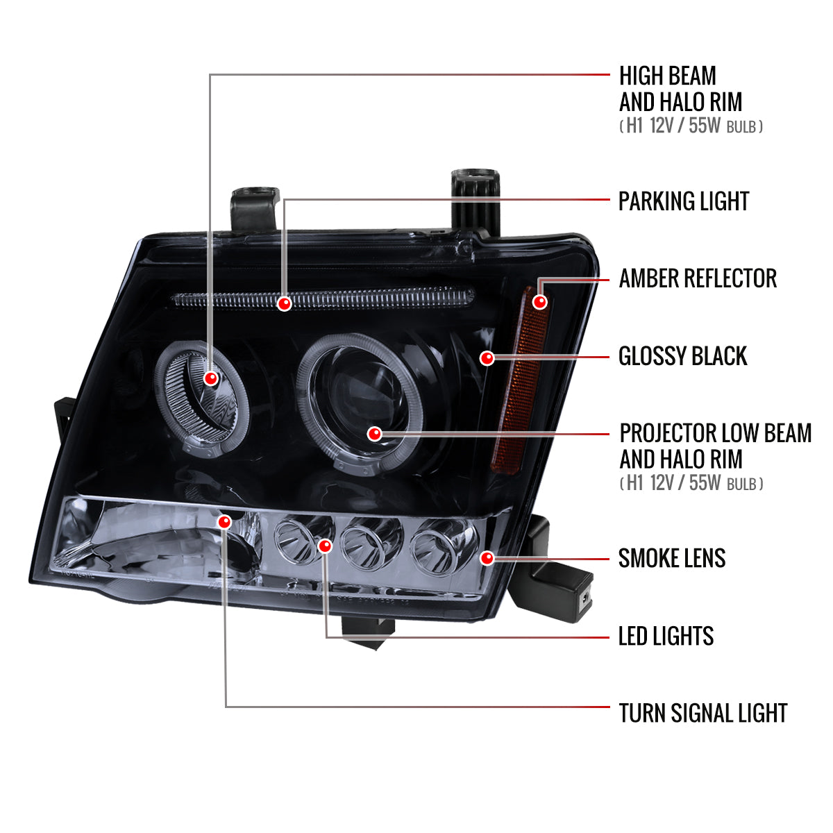 2005-2015 Nissan Xterra Dual Halo Projector Headlights (Glossy Black Housing/Smoked Lens)