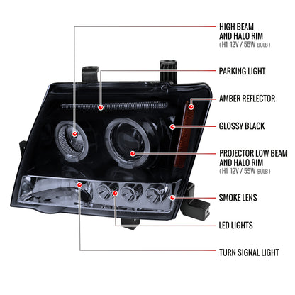 2005-2015 Nissan Xterra Dual Halo Projector Headlights (Glossy Black Housing/Smoked Lens)