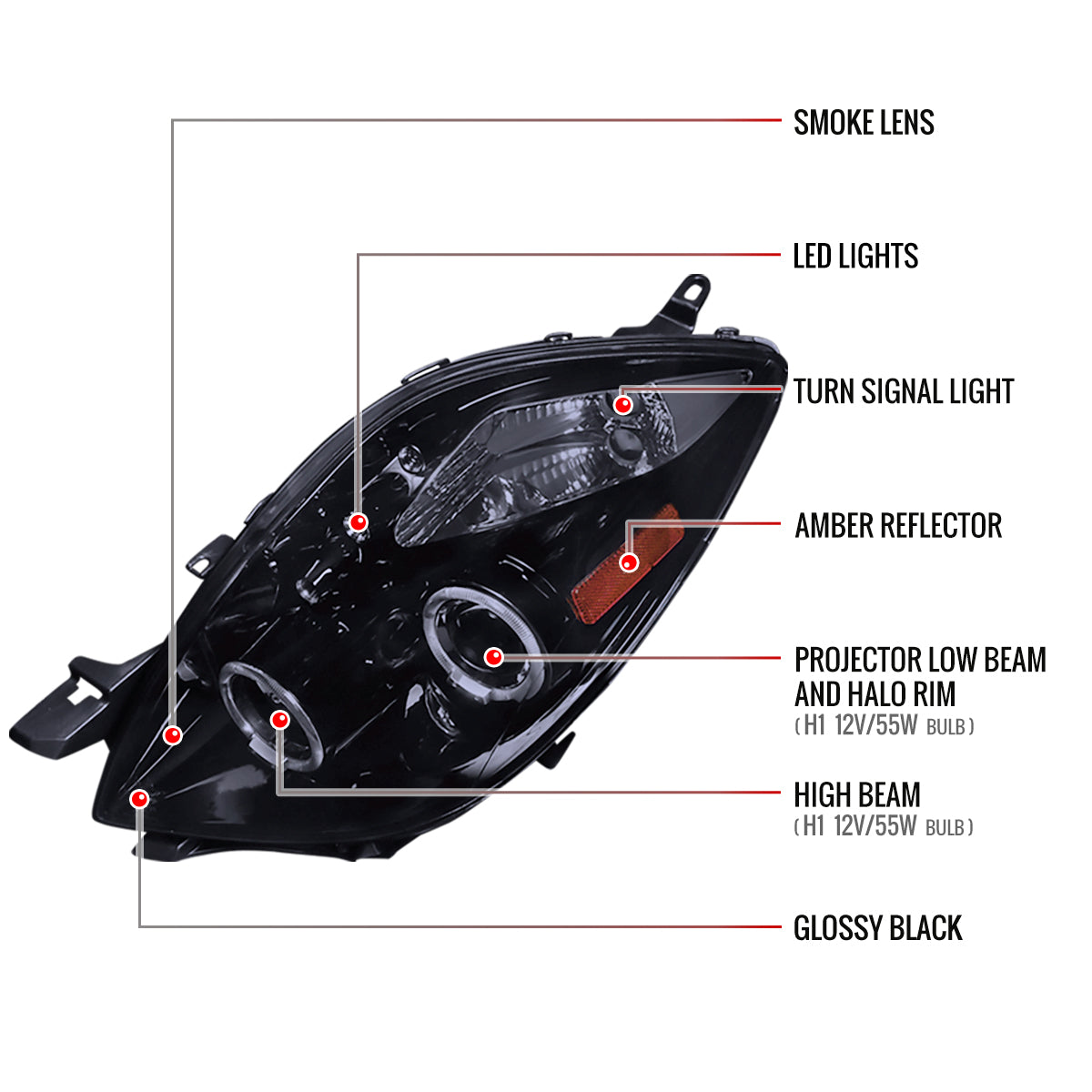 2006-2008 Toyota Yaris Dual Halo Projector Headlights (Glossy Black Housing/Smoked Lens)