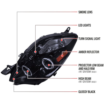 2006-2008 Toyota Yaris Dual Halo Projector Headlights (Glossy Black Housing/Smoked Lens)