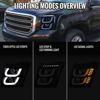 2015-2020 GMC Yukon/Yukon XL LED U-Bar Projector Headlights w/ LED Turn Signal Lights (Glossy Black Housing/Smoked Lens)
