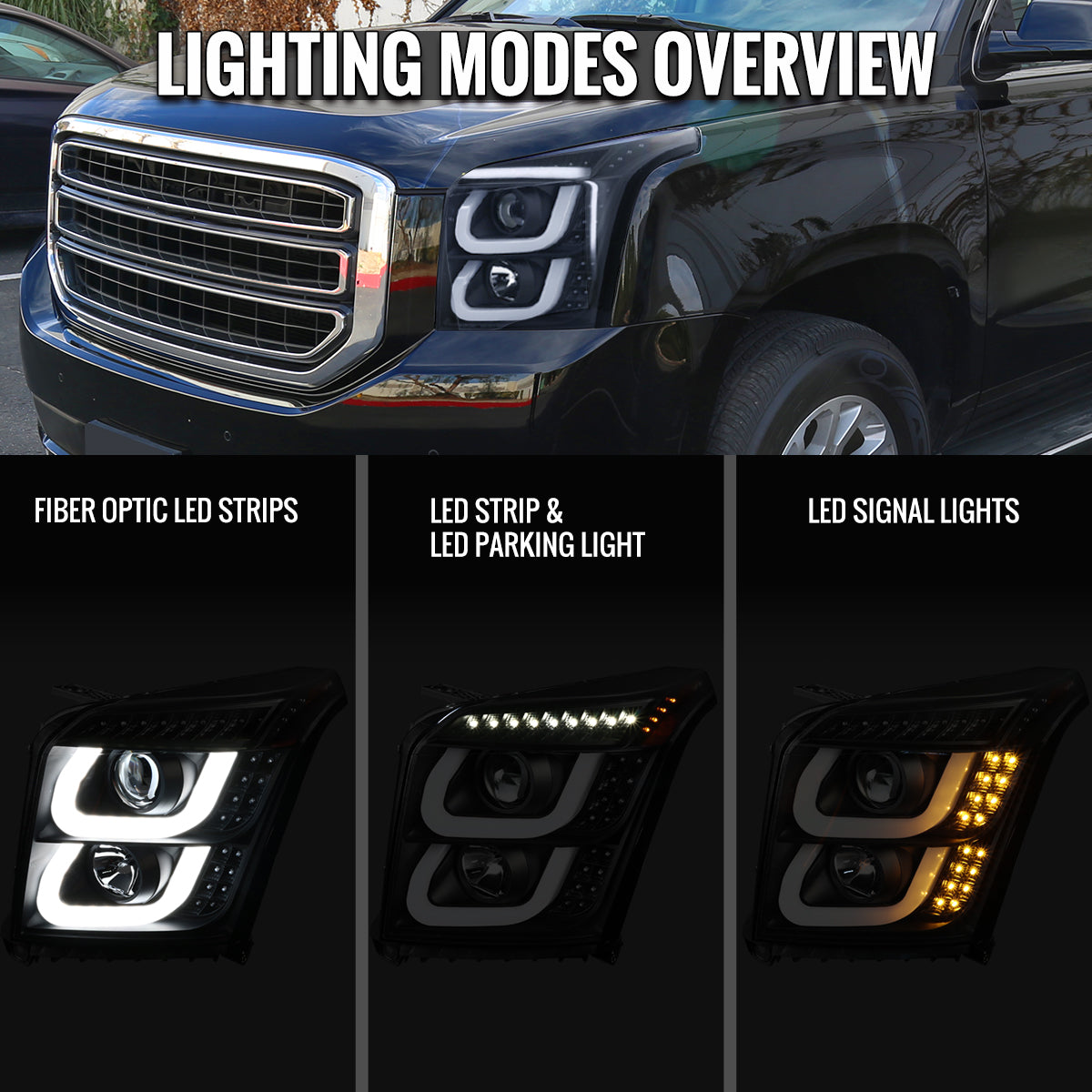 2015-2020 GMC Yukon/Yukon XL LED U-Bar Projector Headlights w/ LED Turn Signal Lights (Matte Black Housing/Clear Lens)