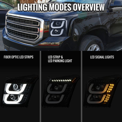 2015-2020 GMC Yukon/Yukon XL LED U-Bar Projector Headlights w/ LED Turn Signal Lights (Matte Black Housing/Clear Lens)
