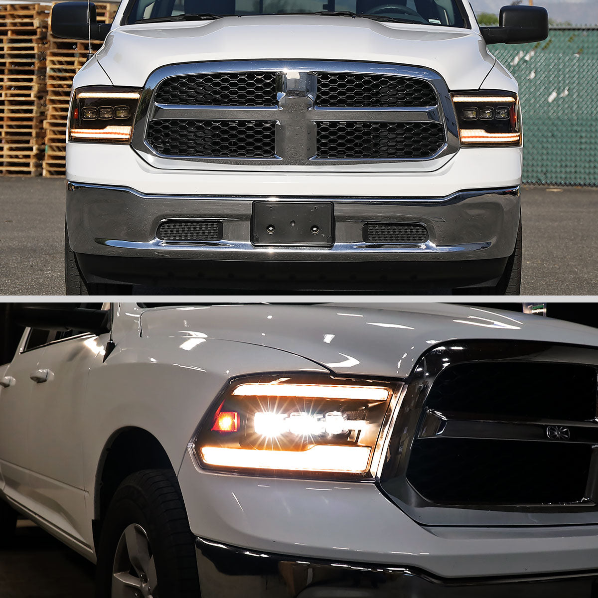 2009-2018 Dodge RAM 1500 / 2019 RAM Classic / 2010-2018 RAM 2500 3500 Switchback Sequential Full Amber LED Projector Headlights (Matte Black Housing/Clear Lens)