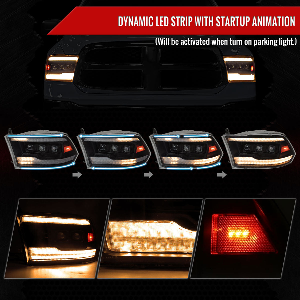 2009-2018 Dodge RAM 1500 / 2019 RAM Classic / 2010-2018 RAM 2500 3500 Switchback Sequential Full Amber LED Projector Headlights (Matte Black Housing/Clear Lens)