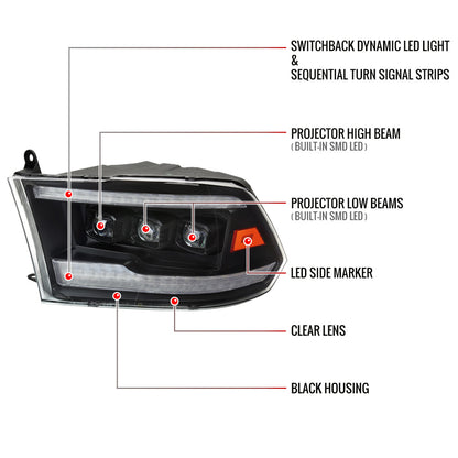 2009-2018 Dodge RAM 1500 / 2019 RAM Classic / 2010-2018 RAM 2500 3500 Switchback Sequential Full Amber LED Projector Headlights (Matte Black Housing/Clear Lens)