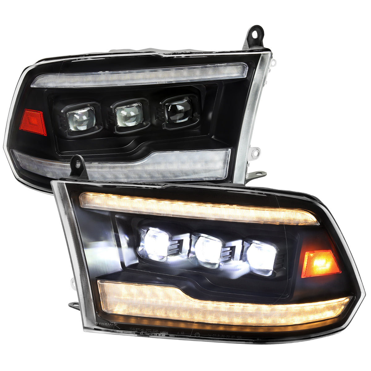 2009-2018 Dodge RAM 1500 / 2019 RAM Classic / 2010-2018 RAM 2500 3500 Switchback Sequential Full Amber LED Projector Headlights (Matte Black Housing/Clear Lens)