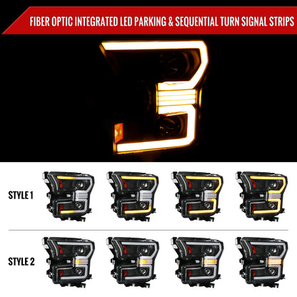 2015??2017 Ford F-150 LED Bar Projector Headlights w/ Switchback Sequential Turn Signals, Amber LED & Pulsing Glow (Black Housing / Clear Lens)
