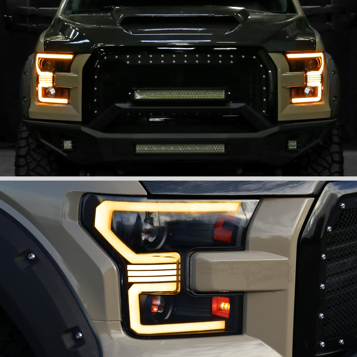 2015??2017 Ford F-150 LED Bar Projector Headlights w/ Switchback Sequential Turn Signals, Amber LED & Pulsing Glow (Black Housing / Clear Lens)