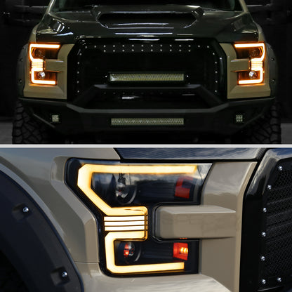 2015??2017 Ford F-150 LED Bar Projector Headlights w/ Switchback Sequential Turn Signals, Amber LED & Pulsing Glow (Black Housing / Clear Lens)