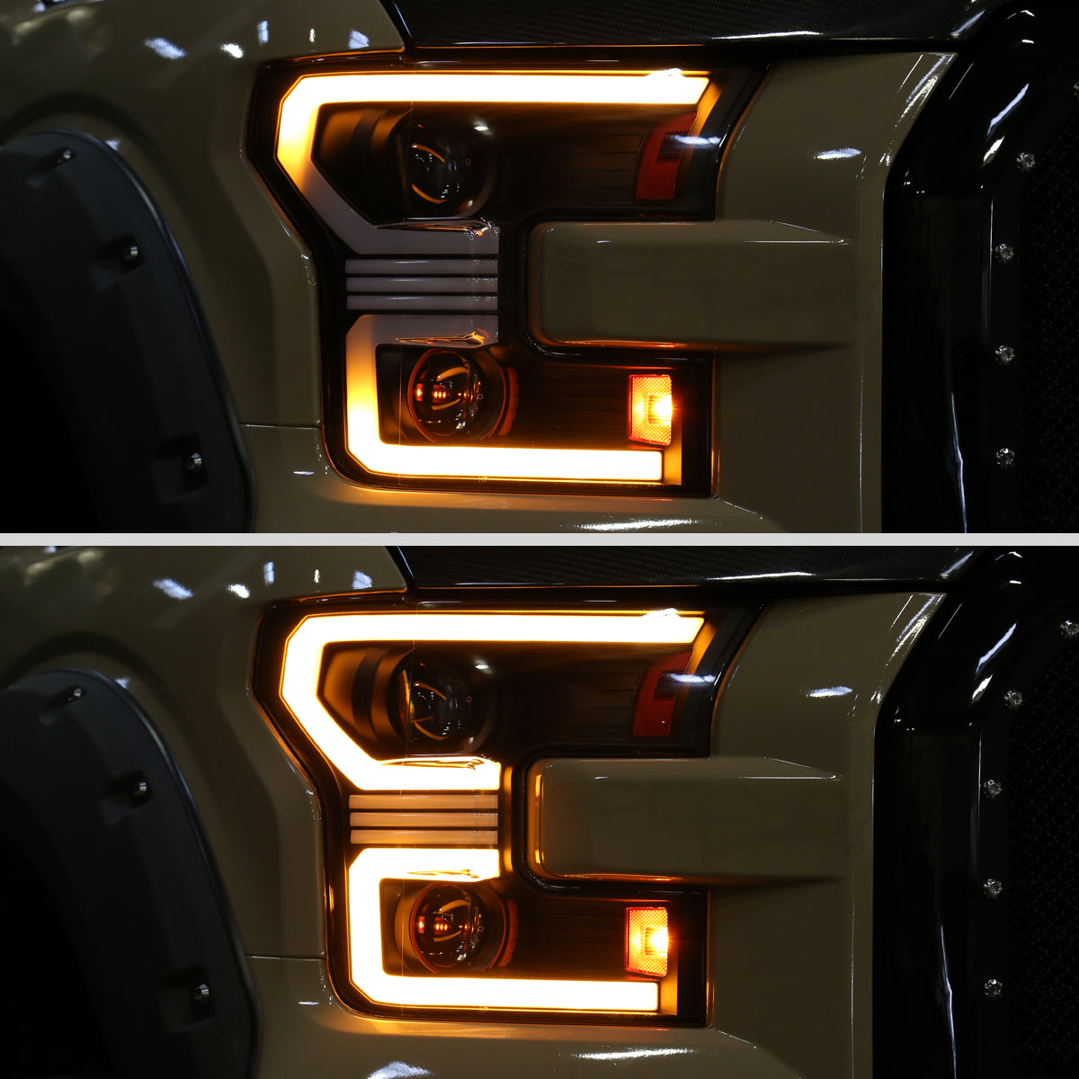 2015??2017 Ford F-150 LED Bar Projector Headlights w/ Switchback Sequential Turn Signals, Amber LED & Pulsing Glow (Black Housing / Clear Lens)