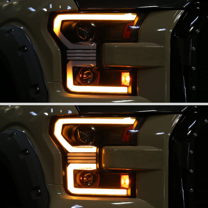 2015??2017 Ford F-150 LED Bar Projector Headlights w/ Switchback Sequential Turn Signals, Amber LED & Pulsing Glow (Black Housing / Clear Lens)