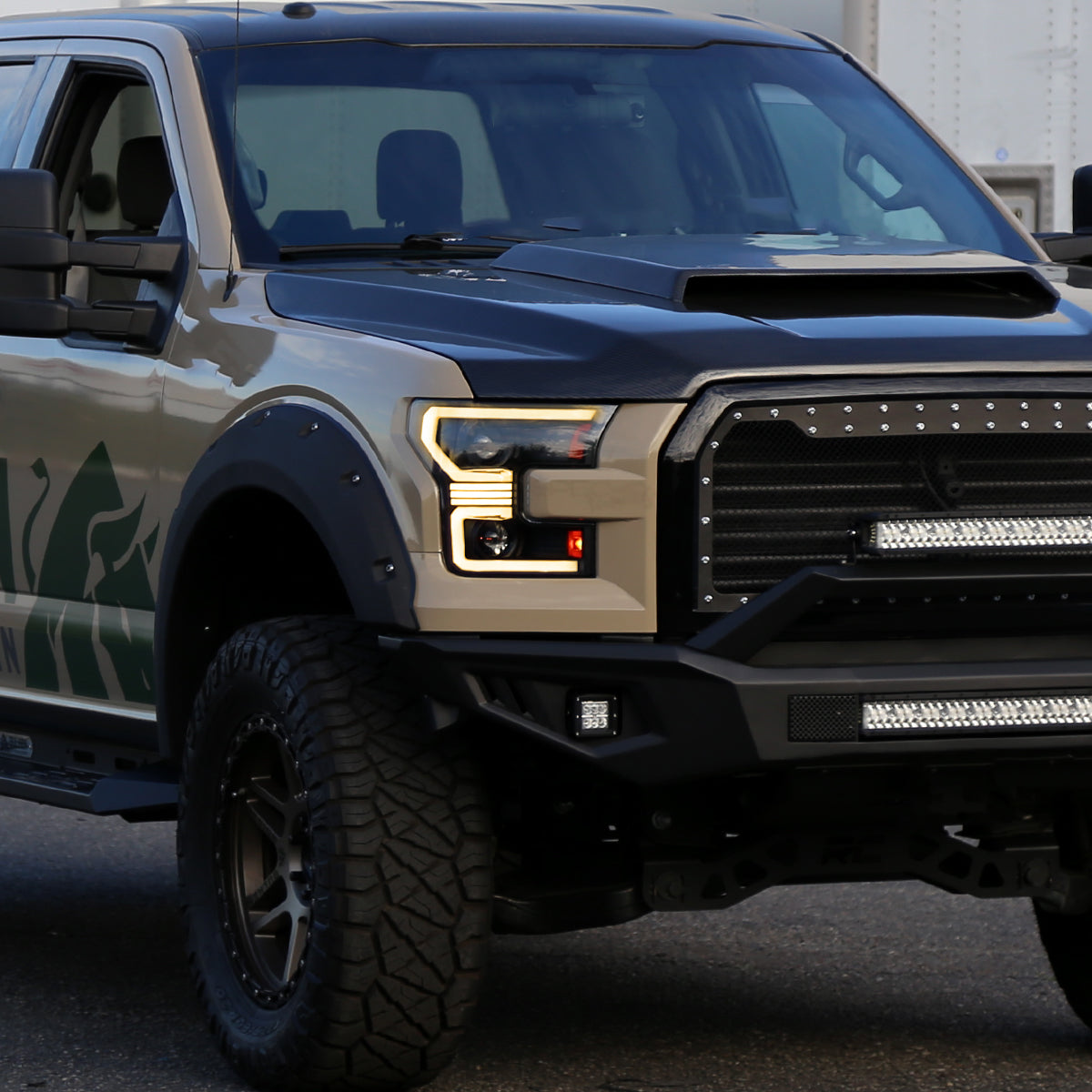 2015??2017 Ford F-150 LED Bar Projector Headlights w/ Switchback Sequential Turn Signals, Amber LED & Pulsing Glow (Black Housing / Clear Lens)