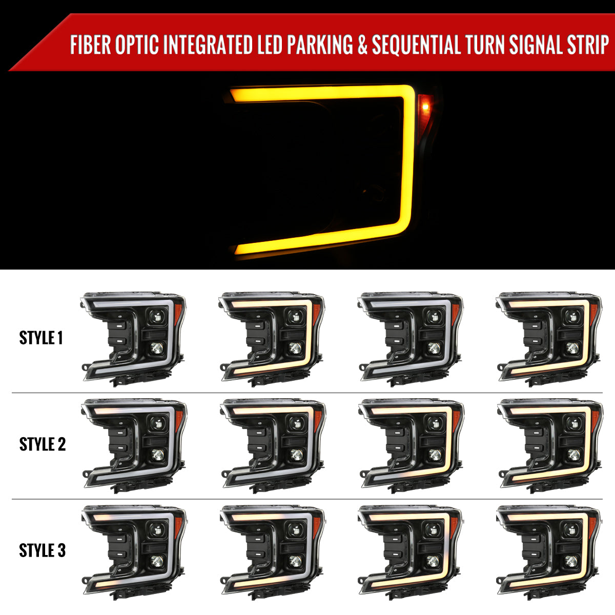 2018-2020 Ford F-150 Amber LED C-Bar Projector Headlights w/ Switchback Sequential Turn Signal Lights (Matte Black Housing / Clear Lens)