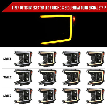 2018-2020 Ford F-150 Amber LED C-Bar Projector Headlights w/ Switchback Sequential Turn Signal Lights (Matte Black Housing / Clear Lens)