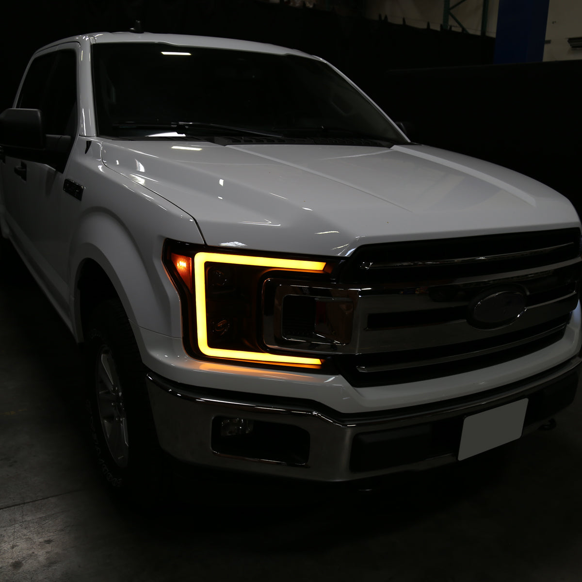 2018-2020 Ford F-150 Amber LED C-Bar Projector Headlights w/ Switchback Sequential Turn Signal Lights (Matte Black Housing / Clear Lens)