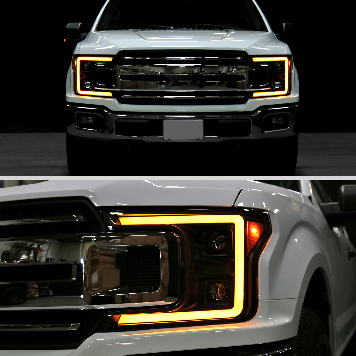 2018-2020 Ford F-150 Amber LED C-Bar Projector Headlights w/ Switchback Sequential Turn Signal Lights (Matte Black Housing / Clear Lens)