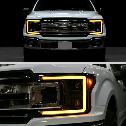 2018-2020 Ford F-150 Amber LED C-Bar Projector Headlights w/ Switchback Sequential Turn Signal Lights (Matte Black Housing / Clear Lens)
