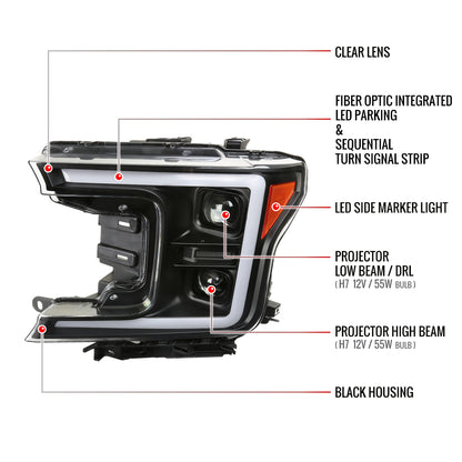 2018-2020 Ford F-150 Amber LED C-Bar Projector Headlights w/ Switchback Sequential Turn Signal Lights (Matte Black Housing / Clear Lens)