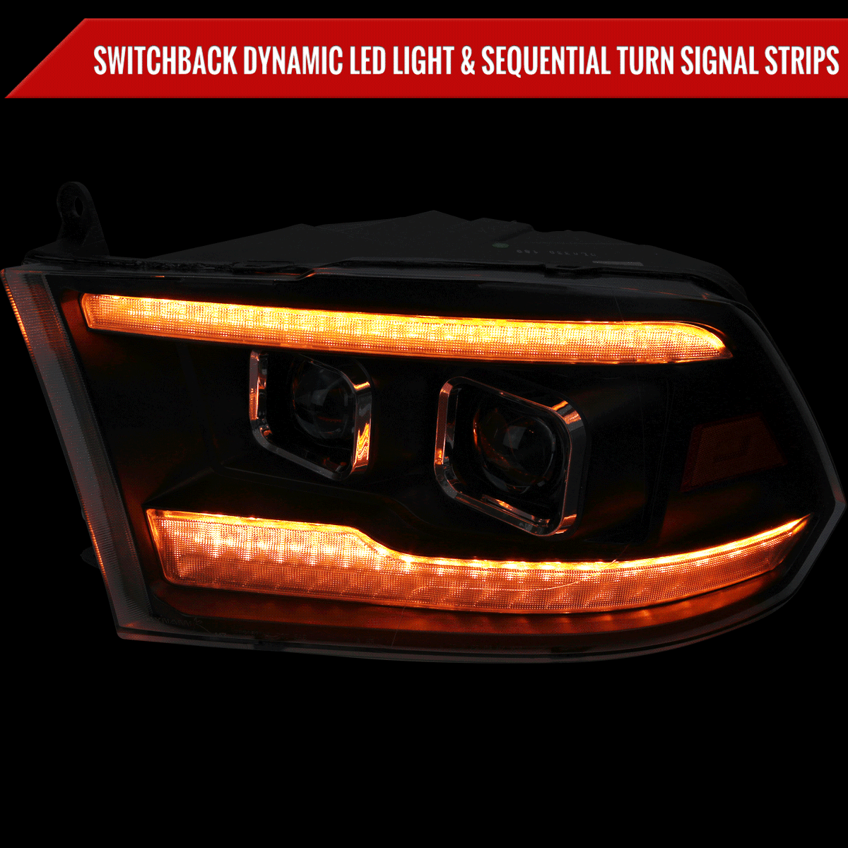 2009-2018 Dodge RAM 1500  / 2019-2021 RAM Classic / 2010-2018 RAM 2500 3500 Amber LED Bar Switchback Sequential Projector Headlights (Matte Black Housing/Clear Lens)