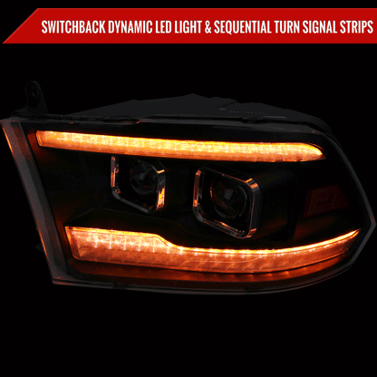 2009-2018 Dodge RAM 1500  / 2019-2021 RAM Classic / 2010-2018 RAM 2500 3500 Amber LED Bar Switchback Sequential Projector Headlights (Matte Black Housing/Clear Lens)