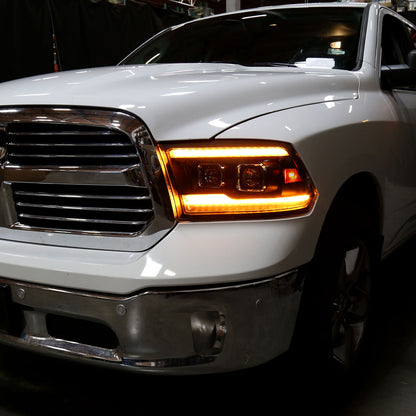 2009-2018 Dodge RAM 1500  / 2019-2021 RAM Classic / 2010-2018 RAM 2500 3500 Amber LED Bar Switchback Sequential Projector Headlights (Matte Black Housing/Clear Lens)