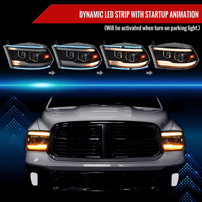 2009-2018 Dodge RAM 1500  / 2019-2021 RAM Classic / 2010-2018 RAM 2500 3500 Amber LED Bar Switchback Sequential Projector Headlights (Matte Black Housing/Clear Lens)
