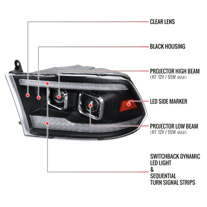 2009-2018 Dodge RAM 1500  / 2019-2021 RAM Classic / 2010-2018 RAM 2500 3500 Amber LED Bar Switchback Sequential Projector Headlights (Matte Black Housing/Clear Lens)