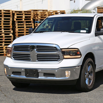 2009-2018 Dodge RAM 1500  / 2019-2021 RAM Classic / 2010-2018 RAM 2500 3500 Amber LED Bar Switchback Sequential Projector Headlights (Matte Black Housing/Clear Lens)