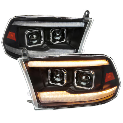 2009-2018 Dodge RAM 1500  / 2019-2021 RAM Classic / 2010-2018 RAM 2500 3500 Amber LED Bar Switchback Sequential Projector Headlights (Matte Black Housing/Clear Lens)