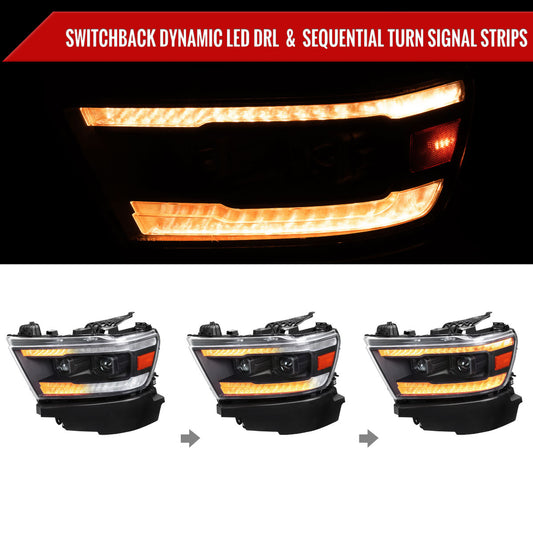 2019??2024 Dodge RAM 1500 LED Bar Projector Headlights w/ Switchback Sequential Turn Signals, Amber LED & Pulsing Glow (Matte Black Housing / Clear Lens)